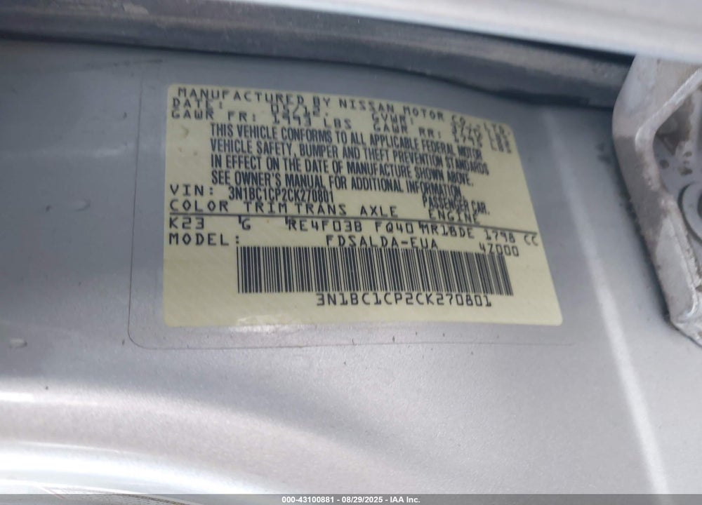 2012 NISSAN VERSA VIN: 3N1BC1CP2CK270801
