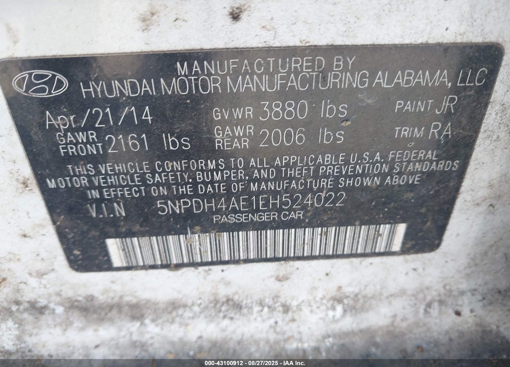 2014 HYUNDAI ELANTRA SE VIN: 5NPDH4AE1EH524022