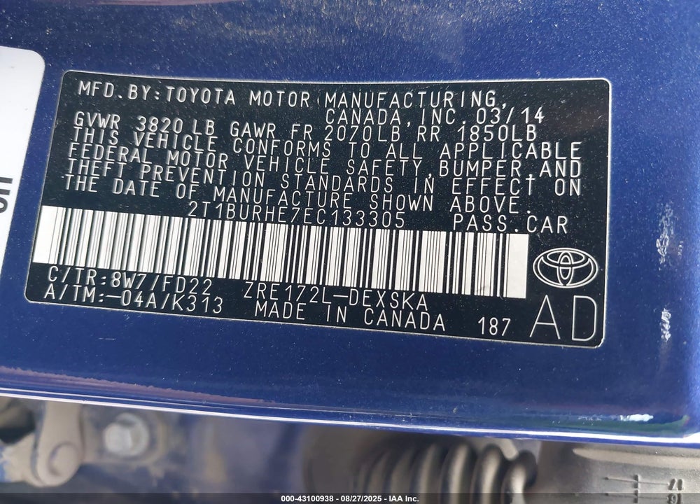 2014 TOYOTA COROLLA VIN: 2T1BURHE7EC133305
