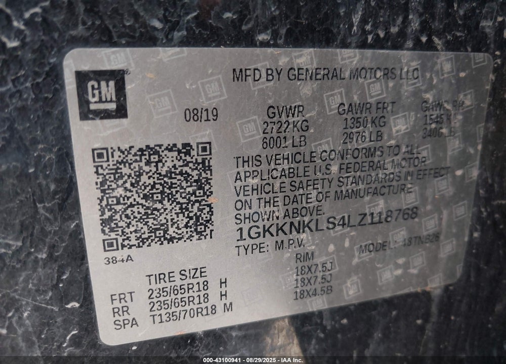 2020 GMC ACADIA VIN: 1GKKNKLS4LZ118768