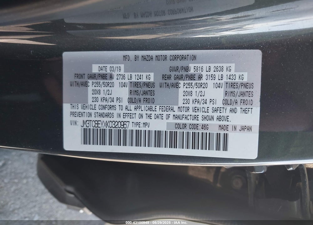 2019 MAZDA CX-9 VIN: JM3TCBEYXK0320967