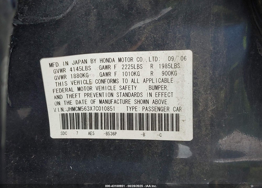 2007 HONDA ACCORD 2.4 SE VIN: JHMCM563X7C010851