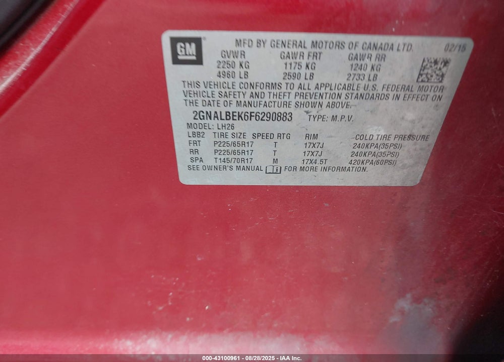 2015 CHEVROLET EQUINOX VIN: 2GNALBEK6F6290883