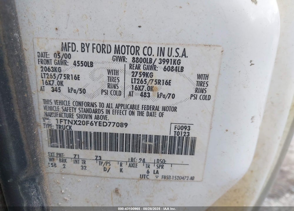 2000 FORD F-250 LARIAT/XL/XLT VIN: 1FTNX20F6YED77089