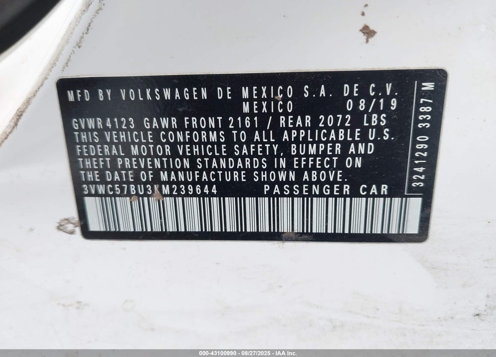 2019 VOLKSWAGEN JETTA VIN: 3VWC57BU3KM239644