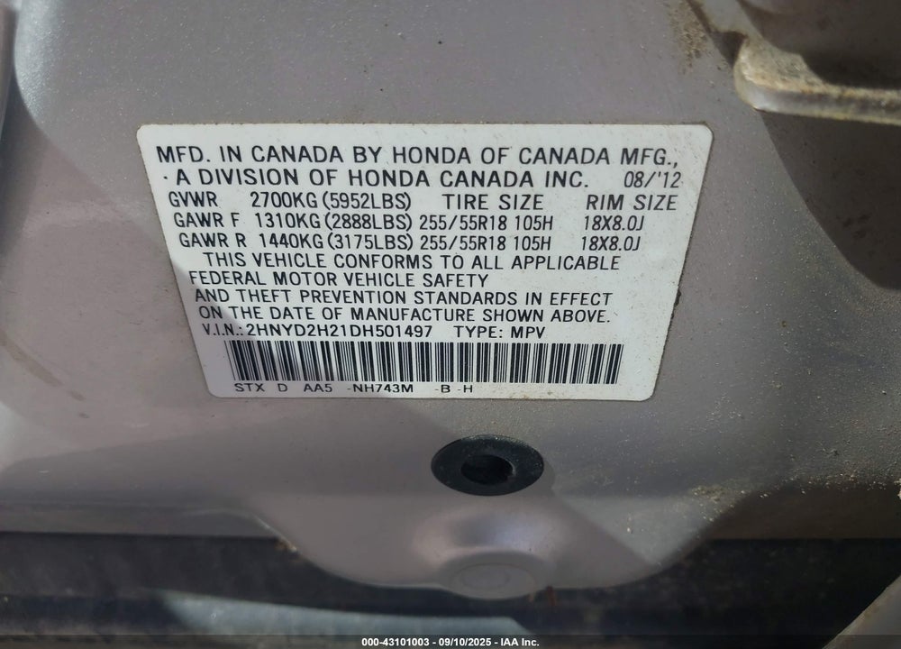 2013 ACURA MDX VIN: 2HNYD2H21DH501497
