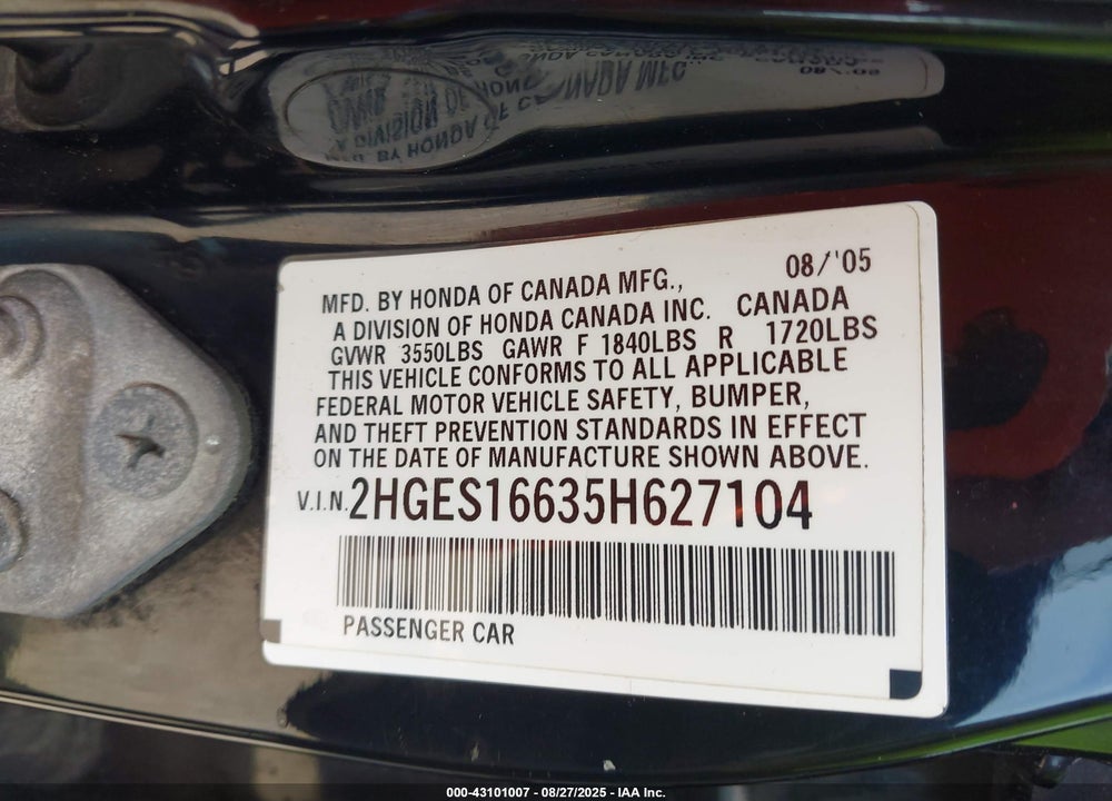 2005 HONDA CIVIC LX VIN: 2HGES16635H627104