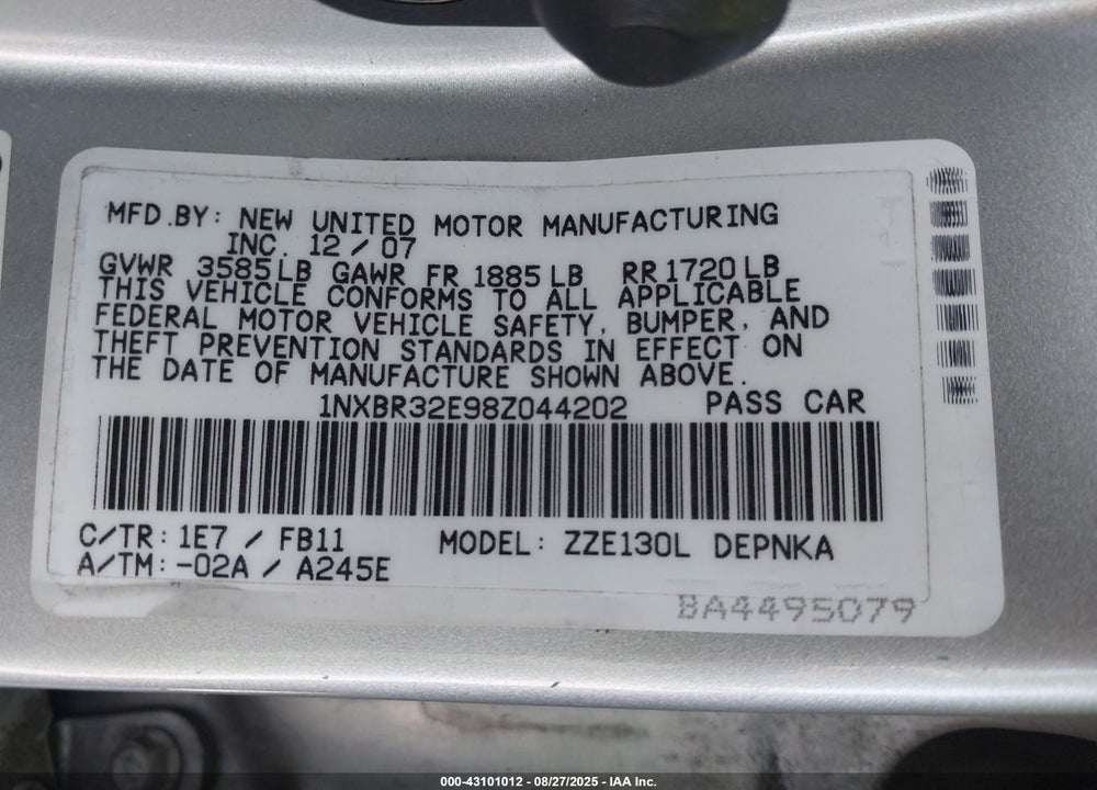 2008 TOYOTA COROLLA LE VIN: 1NXBR32E98Z044202
