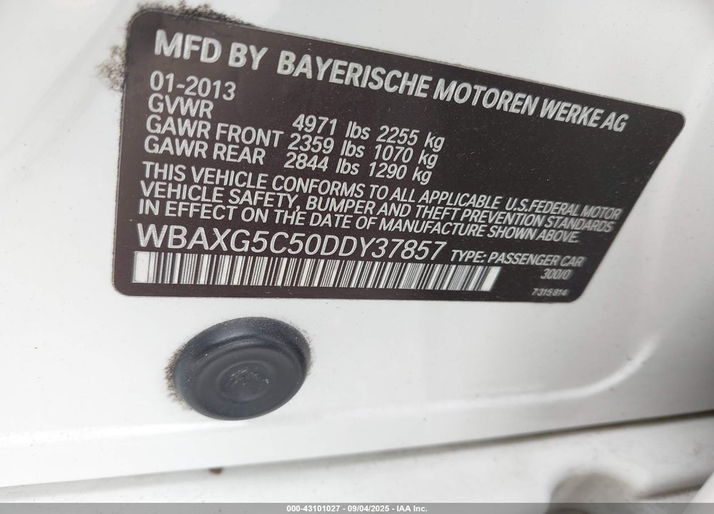 2013 BMW 5 SERIES VIN: WBAXG5C50DDY37857