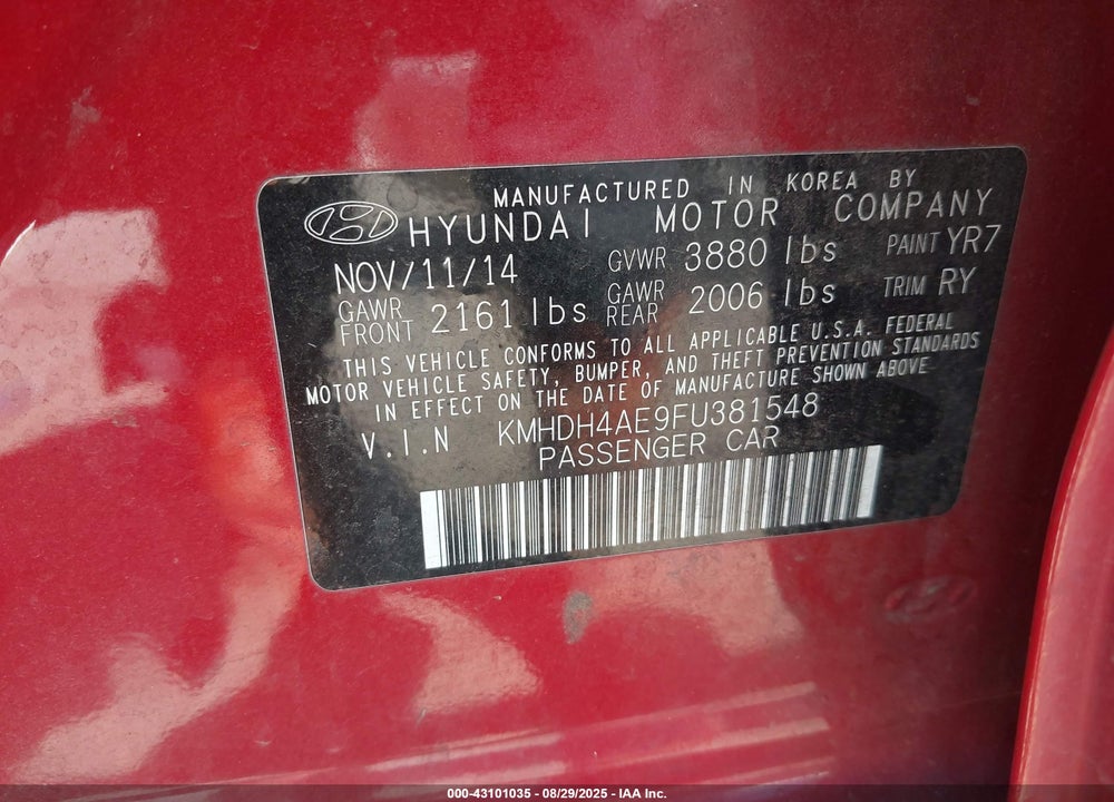 2015 HYUNDAI ELANTRA LIMITED VIN: KMHDH4AE9FU381548