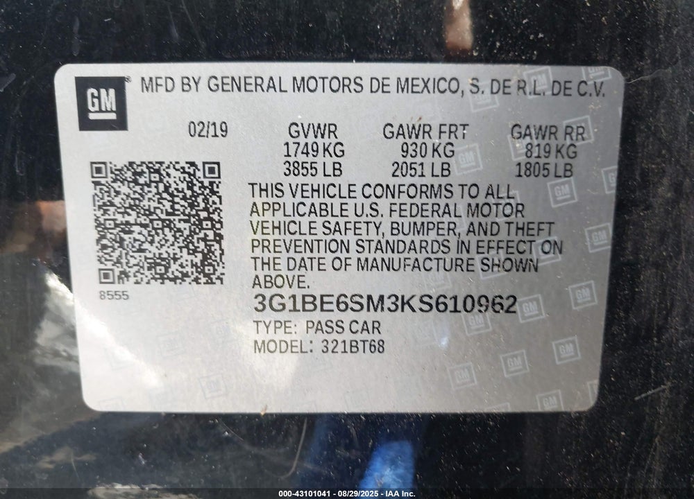2019 CHEVROLET CRUZE LT VIN: 3G1BE6SM3KS610962