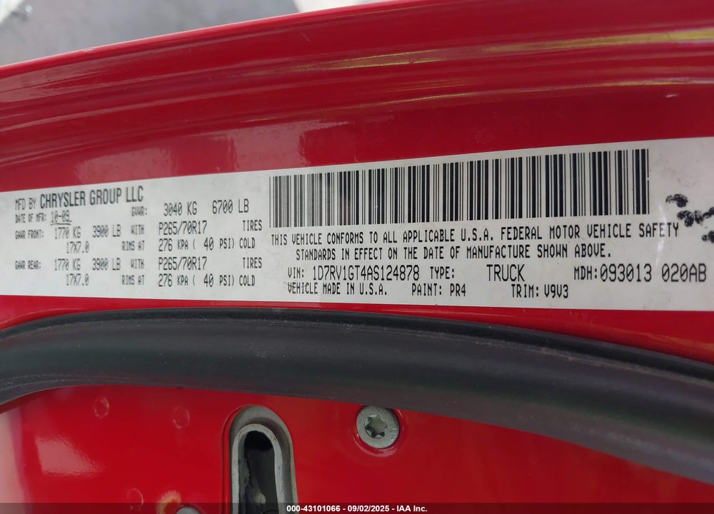 2010 DODGE RAM 1500 VIN: 1D7RV1GT4AS124878
