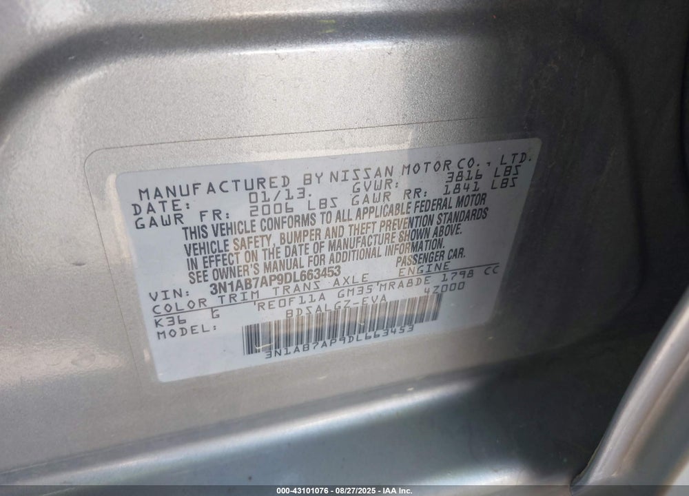 2013 NISSAN SENTRA VIN: 3N1AB7AP9DL663453