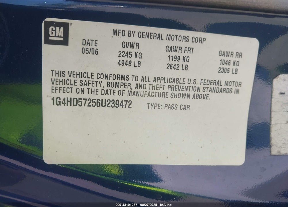 2006 BUICK LUCERNE CXL VIN: 1G4HD57256U239472