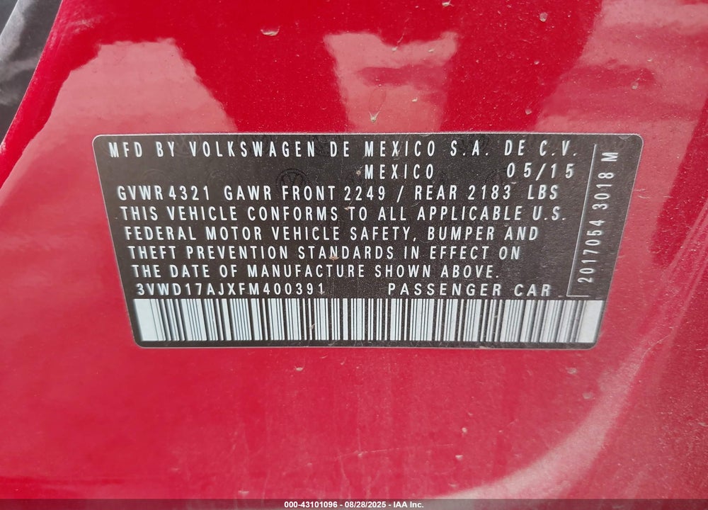 2015 VOLKSWAGEN JETTA VIN: 3VWD17AJXFM400391