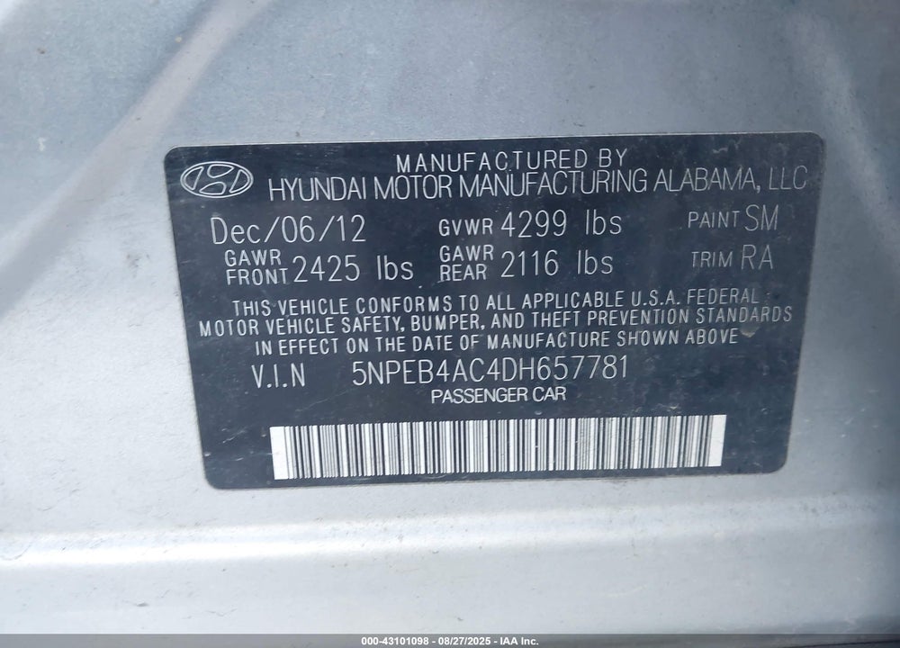 2013 HYUNDAI SONATA GLS VIN: 5NPEB4AC4DH657781