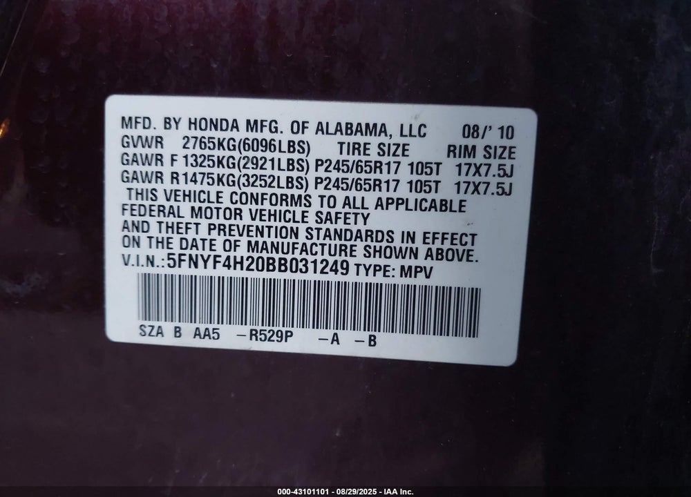 2011 HONDA PILOT VIN: 5FNYF4H20BB031249