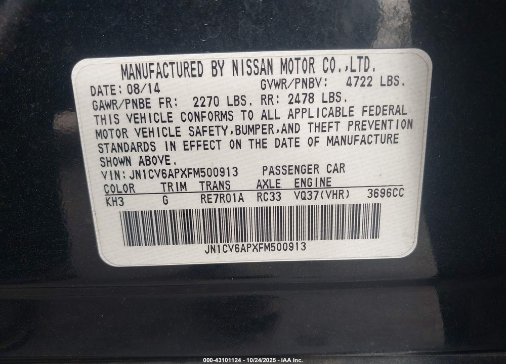 2015 INFINITI Q40 VIN: JN1CV6APXFM500913