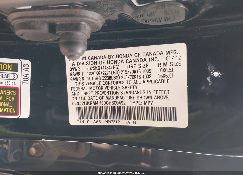 2012 HONDA CR-V VIN: 2HKRM4H39CH600492