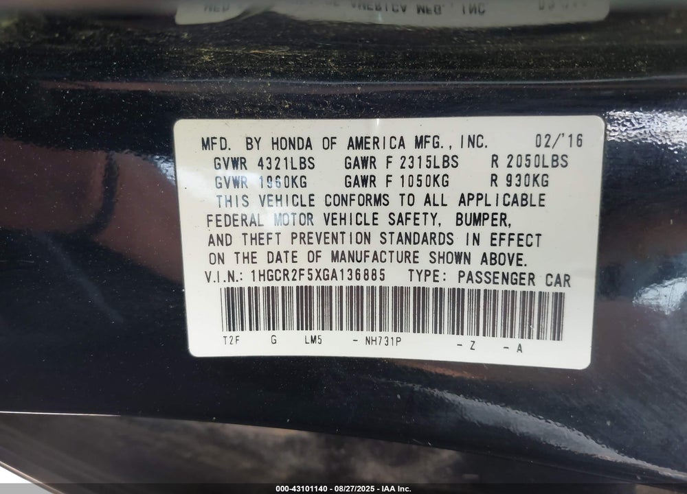 2016 HONDA ACCORD VIN: 1HGCR2F5XGA136885