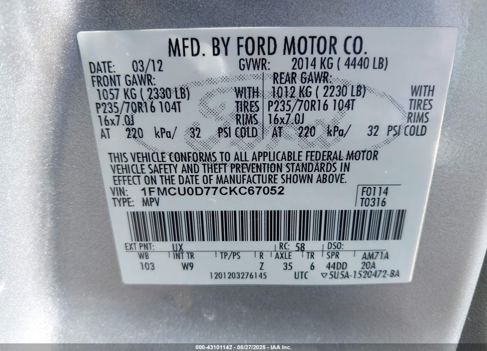 2012 FORD ESCAPE VIN: 1FMCU0D77CKC67052