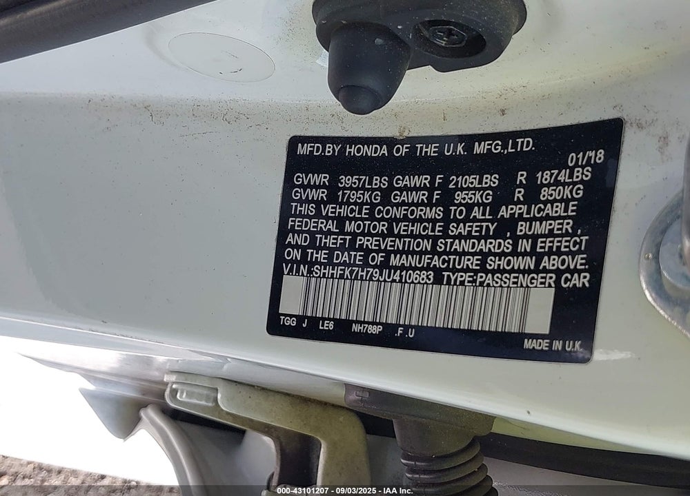 2018 HONDA CIVIC EX-L VIN: SHHFK7H79JU410683