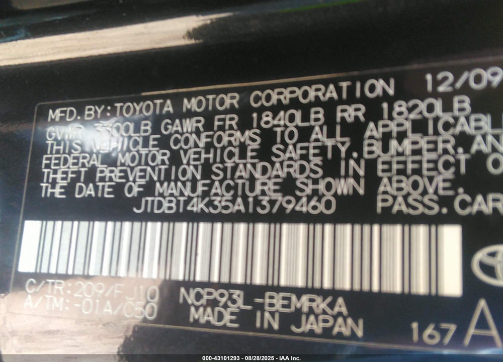 2010 TOYOTA YARIS VIN: JTDBT4K35A1379460