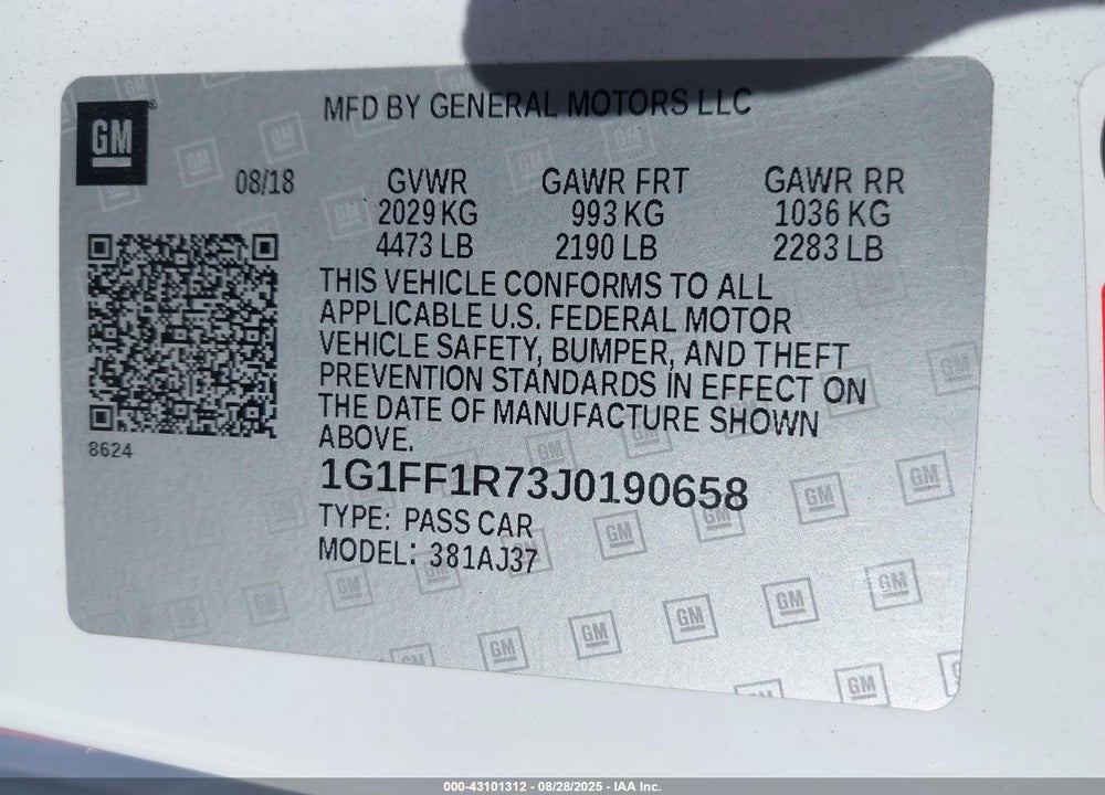 2018 CHEVROLET CAMARO VIN: 1G1FF1R73J0190658