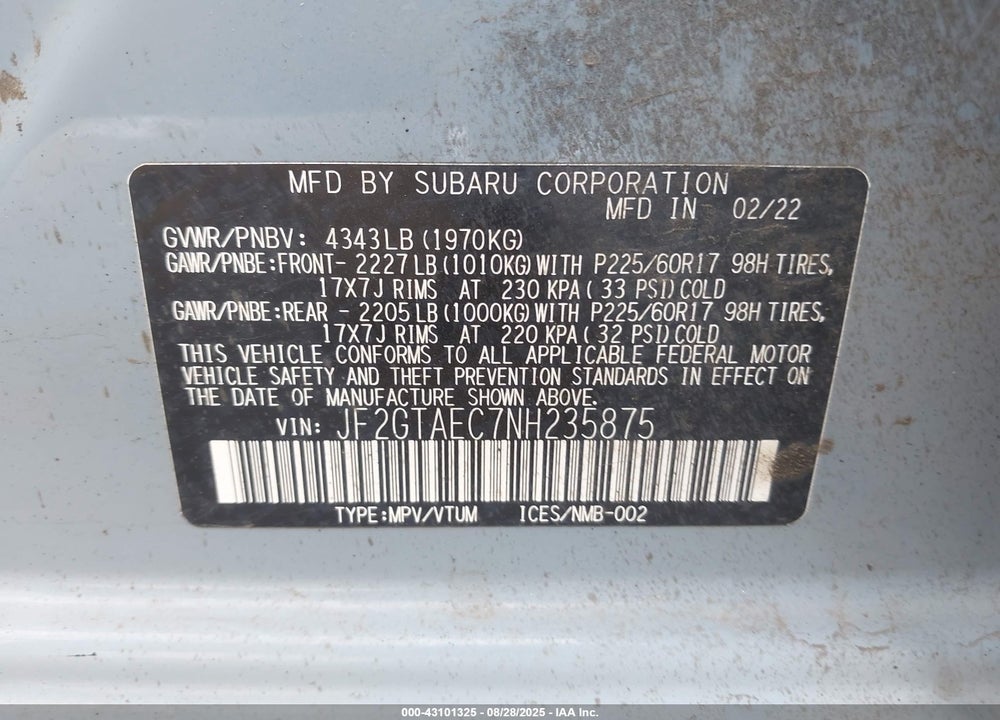 2022 SUBARU CROSSTREK VIN: JF2GTAEC7NH235875