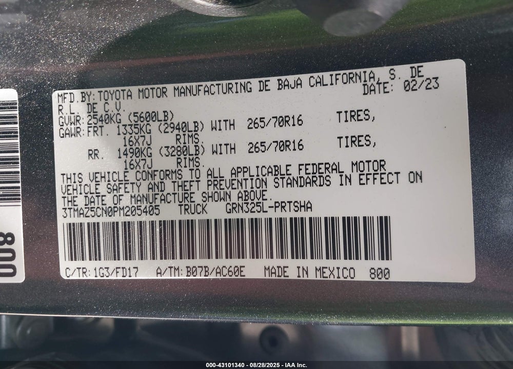 2023 TOYOTA TACOMA VIN: 3TMAZ5CN0PM205405