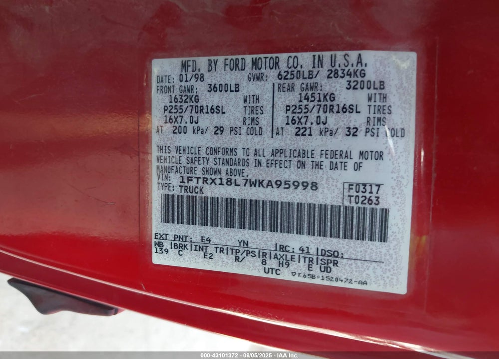 1998 FORD F-150 LARIAT/STANDARD/XL/XLT VIN: 1FTRX18L7WKA95998