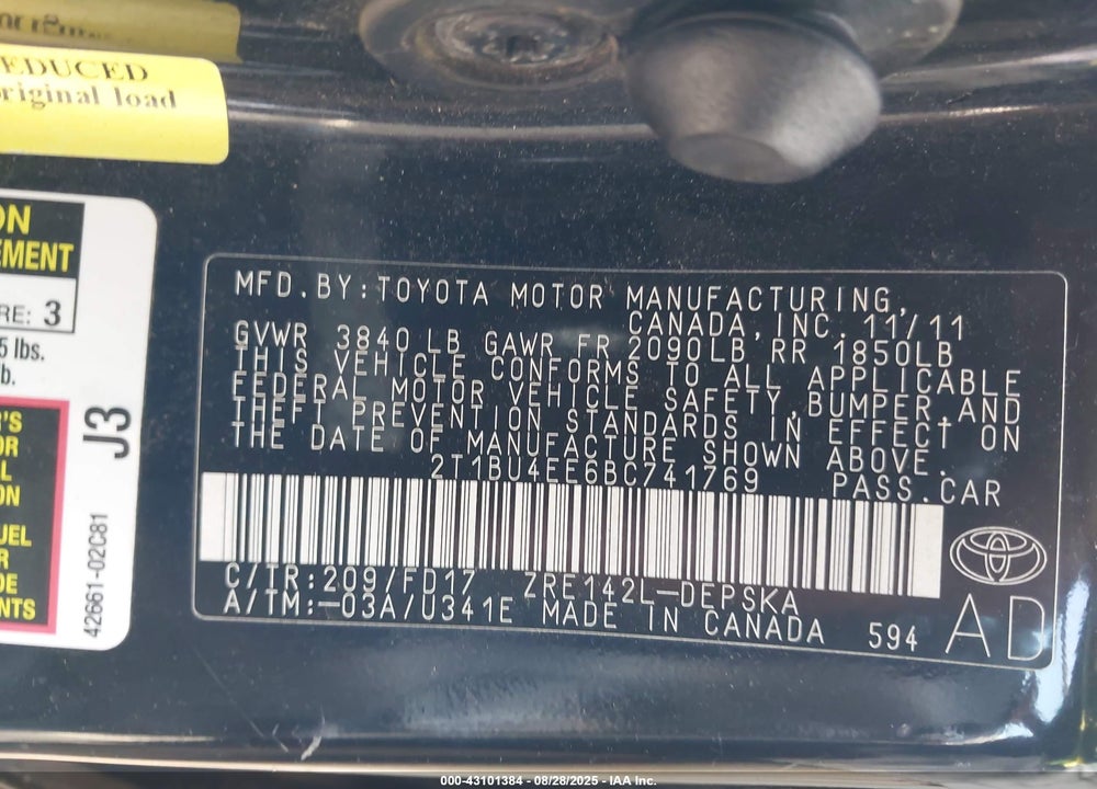 2011 TOYOTA COROLLA S VIN: 2T1BU4EE6BC741769
