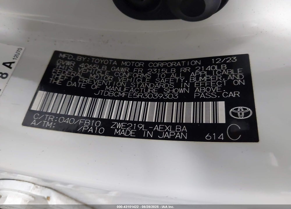 2024 TOYOTA COROLLA VIN: JTDBCMFE5R3039303