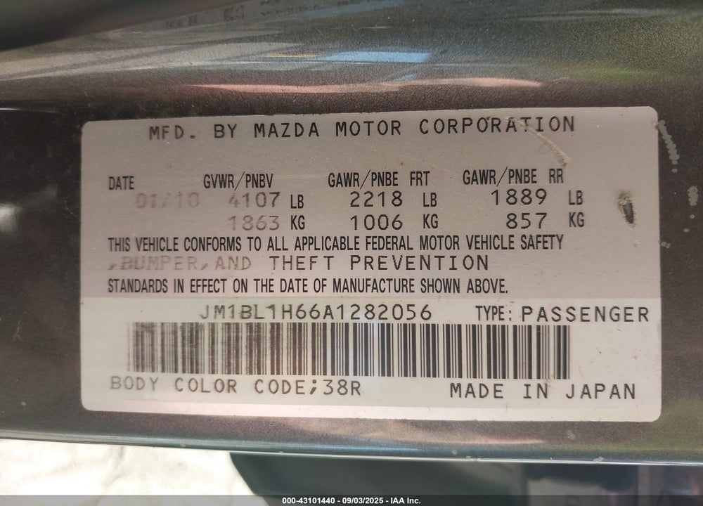 2010 MAZDA 3 VIN: JM1BL1H66A1282056