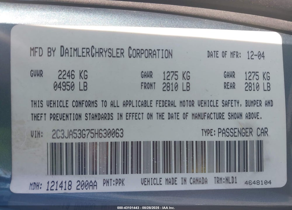 2005 CHRYSLER 300 TOURING VIN: 2C3JA53G75H630063