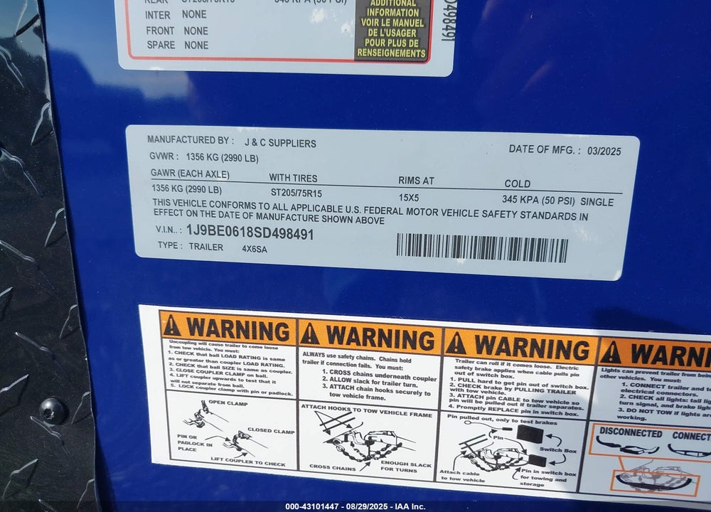 2025 J AND C TRAILERS INC ENCLOSED TRAILER VIN: 1J9BE0618SD498491