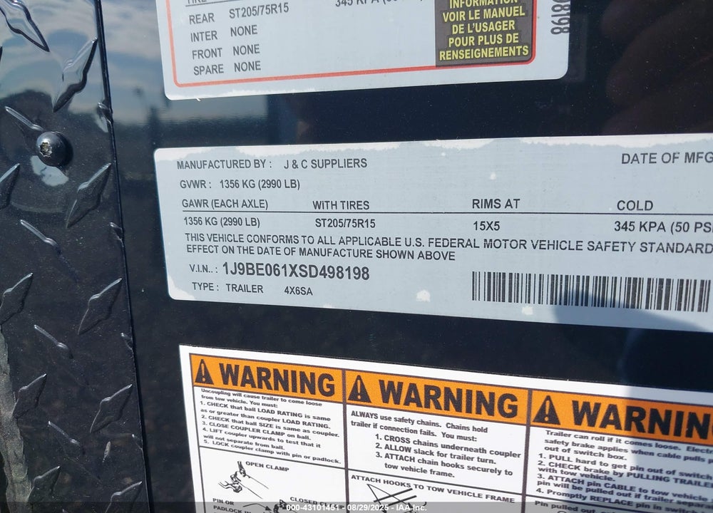 2025 J AND C TRAILERS INC ENCLOSED TRAILER VIN: 1J9BE061XSD498198