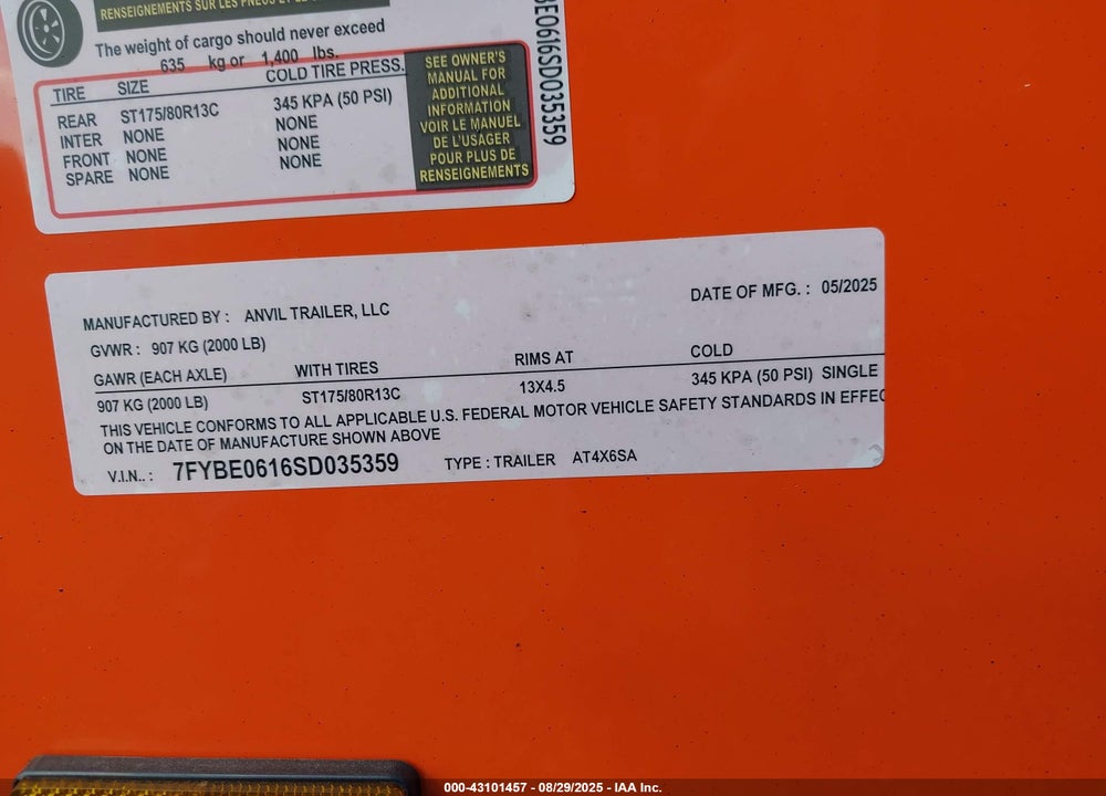 2025 ANVIL ENCLOSED TRAILER VIN: 7FYBE0616SD035359