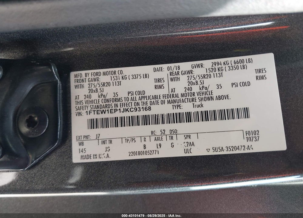 2018 FORD F-150 VIN: 1FTEW1EP1JKC93168