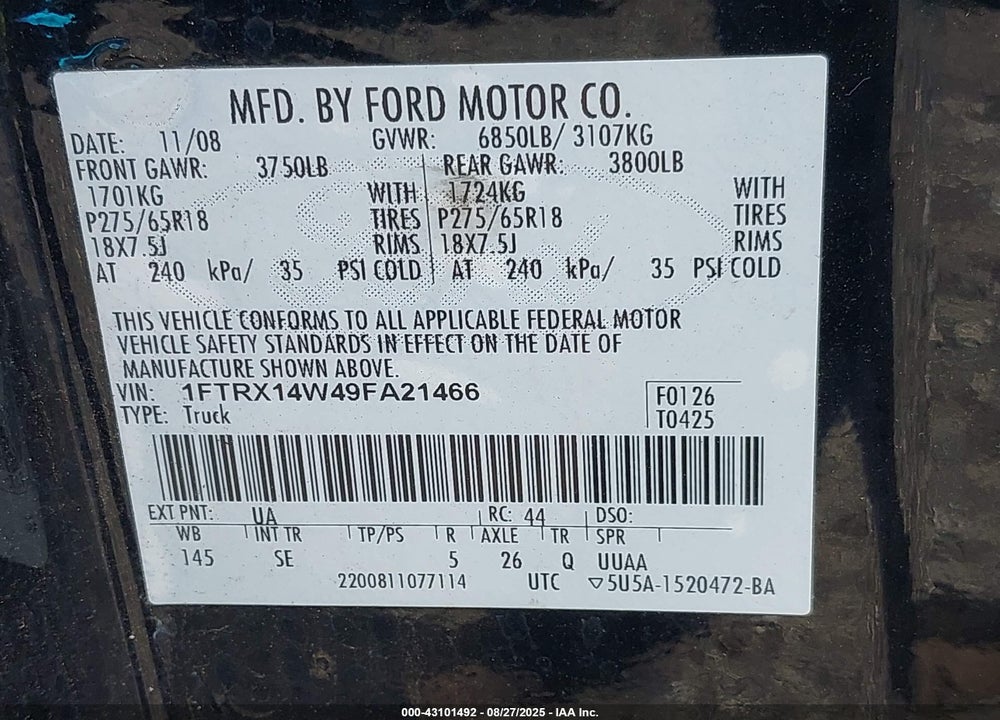2009 FORD F-150 STX VIN: 1FTRX14W49FA21466