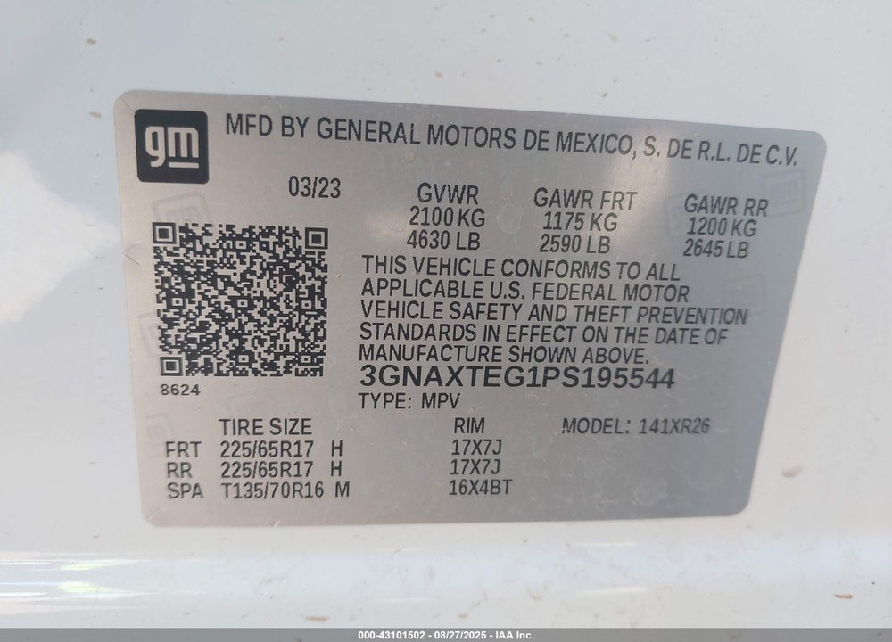 2023 CHEVROLET EQUINOX VIN: 3GNAXTEG1PS195544