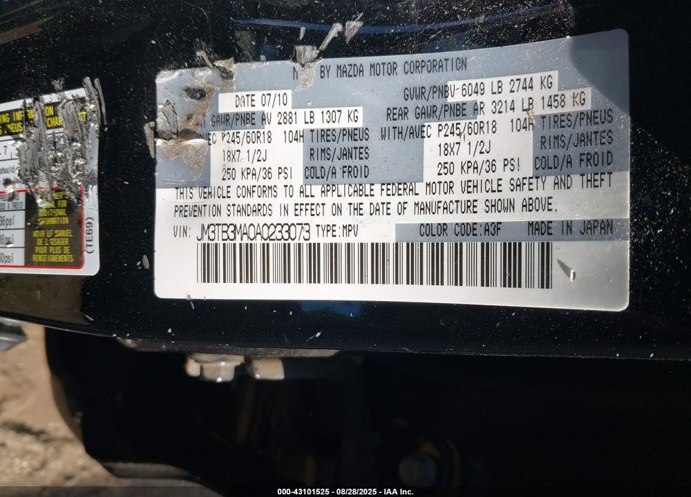 2010 MAZDA CX-9 VIN: JM3TB3MA0A0233073
