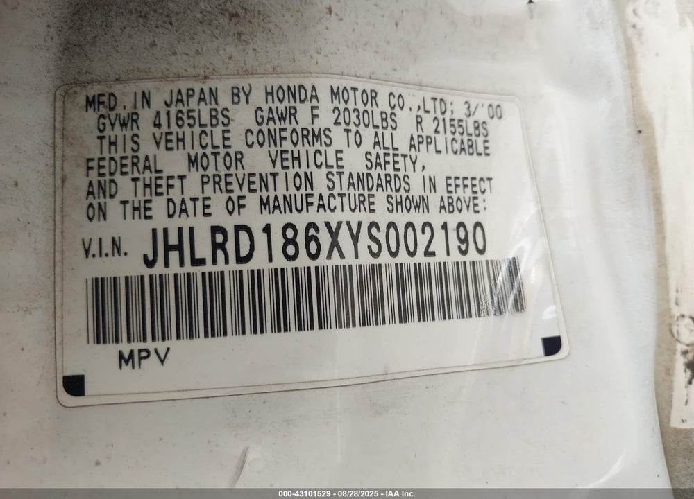 2000 HONDA CR-V EX VIN: JHLRD186XYS002190