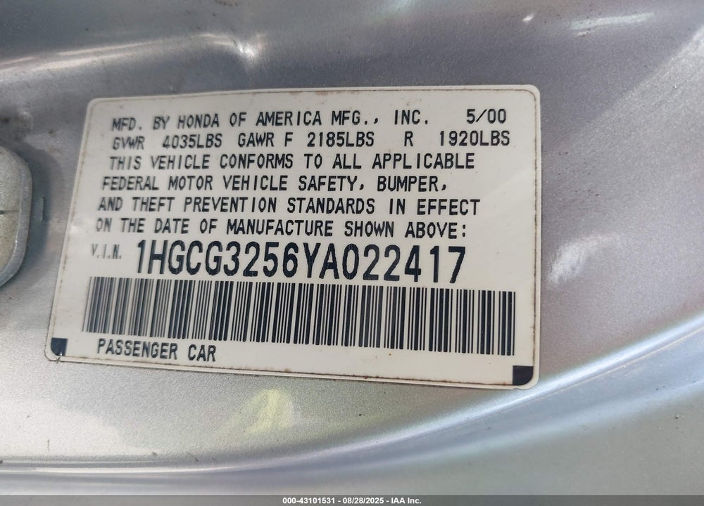 2000 HONDA ACCORD 2.3 EX VIN: 1HGCG3256YA022417