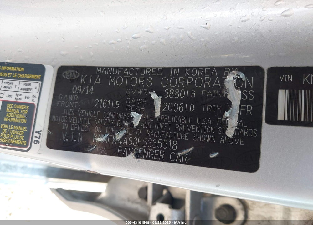 2015 KIA FORTE LX VIN: KNAFK4A63F5335518