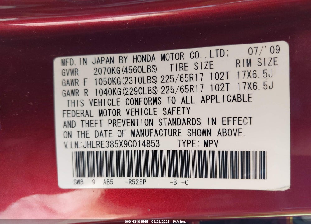 2009 HONDA CR-V VIN: JHLRE385X9C014853