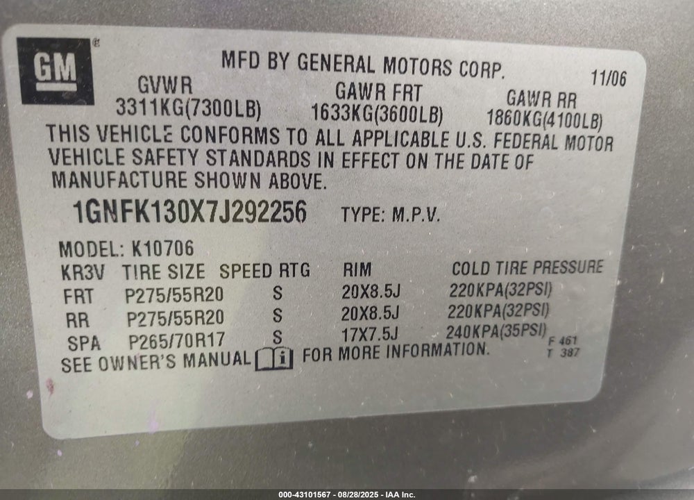 2007 CHEVROLET TAHOE VIN: 1GNFK130X7J292256