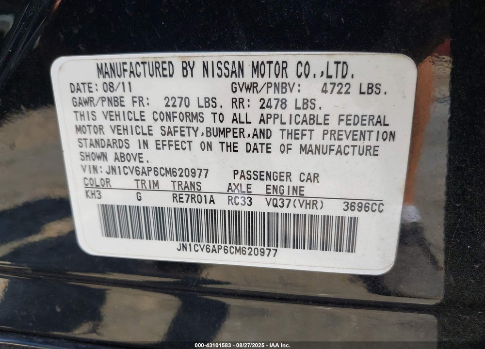2012 INFINITI G37 VIN: JN1CV6AP6CM620977
