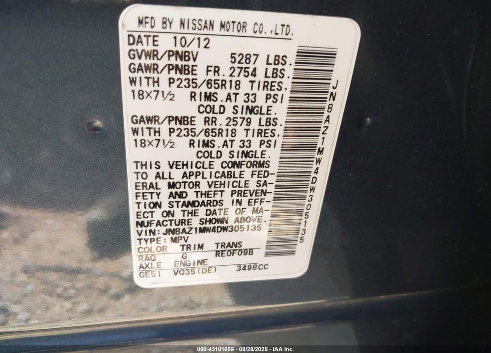 2013 NISSAN MURANO S VIN: JN8AZ1MW4DW305135