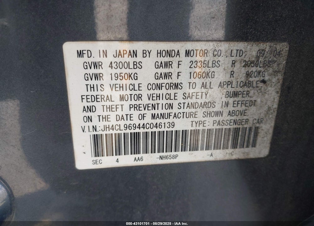 2004 ACURA TSX VIN: JH4CL96944C046139